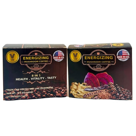 VM Energizing Mushroom Coffee-Reishi with Ginseng supplement.8-in-1 Mushroom USA.(14)S