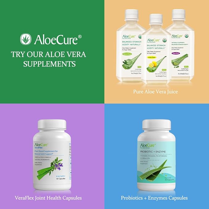 AloeCure USDA Organic Aloe Vera Juice Made Within 12 Hrs of Harvest - Pure Aloe Juice Natural Digestive Supplement to Support Digestion, Immune System and Balanced Stomach Acidity, 6 x 500ml Bottles