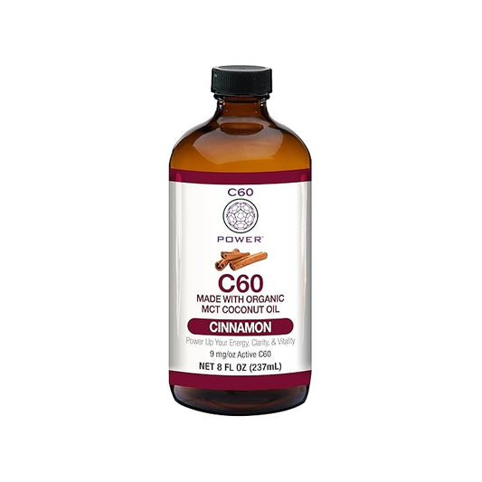 C60 Power Cinnamon Flavored C60 MCT Coconut Oil - Organic Cold-Pressed Coconut Oil - 99.99% Pure C60 Carbon Fullerenes - Boost Energy & Mental Focus (8oz)