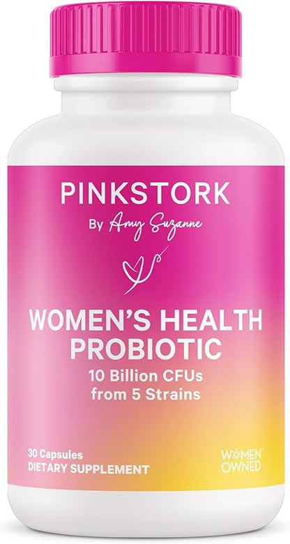 Pink Stork Women's Probiotics for Vaginal Health - 10 Billion CFUs for pH Balance, Urinary Tract, Gut Flora & Immune Health - Supports Vaginal Odor + Healthy Microbiome - 5 Strains - 30 Capsules