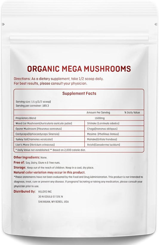 Organic Mega Mushroom Powder Blend, 10 in 1 Complex Mushroom Extract Powder Herbal Supplement with Reishi, Cordyceps, Chaga, Lion's Mane, Vegan & More, Sustainably US Grown, Filler Free, 10oz