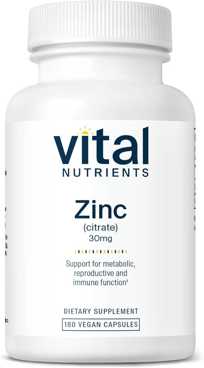 Vital Nutrients Zinc Citrate 30mg | Easily Absorbed Immune Support Supplement* | Vegan Zinc Supplement | Gluten, Dairy, Soy Free | Non-GMO | 30mg | 180 Capsules