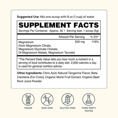 Ora Organic Magnesium Complex Powder Supplement - 4-in-1 Magnesium: Glycinate, Taurate, Malate & Citrate | Vegan, Gluten-Free | Tangerine Flavor | Calm Support for Sleep, Stress & Muscles | 30 Serving