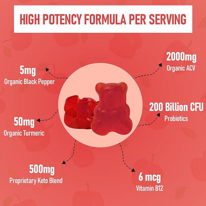 Apple Cider Vinegar Gummies, Max Strength 2000mg ACV Gummies with Probiotics, B12 and Keto, for Digestion, Metabolism, Gut & Immune Health, Gelatin-Free, Vegan & Non-GMO, 240 Gummies