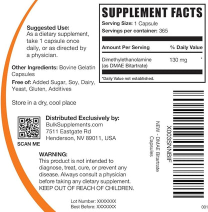 BulkSupplements.com DMAE Bitartrate Capsules - Dimethylaminoethanol, DMAE 350mg, DMAE Supplement, DMAE Capsules - for Brain Health & Focus, Gluten Free, 1 Capsule per Serving, 365 Capsules
