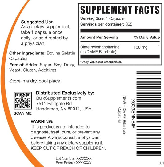 BulkSupplements.com DMAE Bitartrate Capsules - Dimethylaminoethanol, DMAE 350mg, DMAE Supplement, DMAE Capsules - for Brain Health & Focus, Gluten Free, 1 Capsule per Serving, 365 Capsules