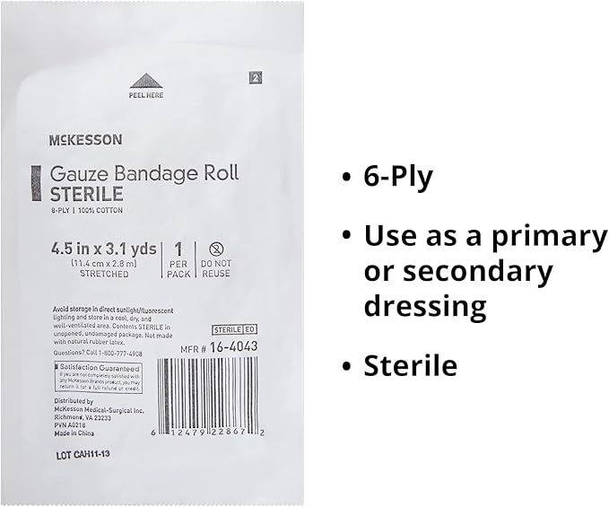 McKesson Gauze Bandage Rolls, Sterile, 6-Ply, 4 1/2 1/2 in 3 1/10 1/10 yds, 1 Count