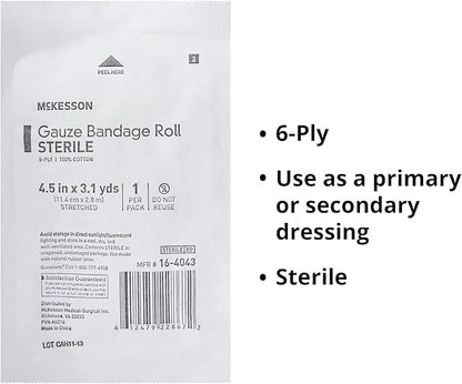 McKesson Gauze Bandage Rolls, Sterile, 6-Ply, 4 1/2 1/2 in 3 1/10 1/10 yds, 1 Count