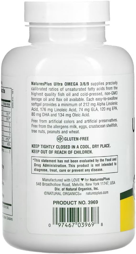 Natures Plus Ultra Omega 3 6 9-1200 mg, 120 Softgels 120 Servings