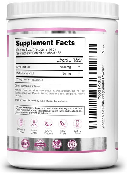 Zazzee PREGNOSITOL Powder, 6 Month Supply, Myo-Inositol and D-Chiro-Inositol 40:1 Fertility Blend, Free Scoop for Exact Dosage, Premium Balanced Formula, 183 Servings, Vegan, All-Natural and Non-GMO