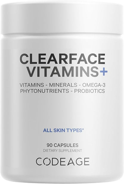 Codeage Clearface Pantothenic Acid, Niacin Supplement, Vitamins A, C, D3, E, Probiotics, Zinc, Riboflavin, Thiamin, L-Lysine HCL & Omega-3, Niacinamide, Skin Botanical Blend - Non-GMO - 90 Capsules