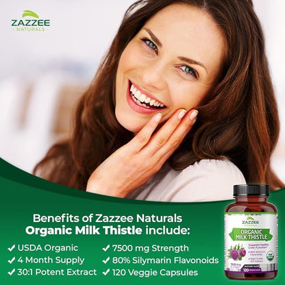 Zazzee USDA Organic Milk Thistle 30:1 7500 mg 120 Vegan 80% Silymarin 30X Extract, 100% Vegetarian,