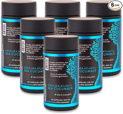 Wild Sea Cucumber Supplement Capsules Antioxidant Healthy Energy Supplement with Fucosylated Chondroitin Sulfate Collagen Glycosides Vitamins Minerals(Pack of 6)
