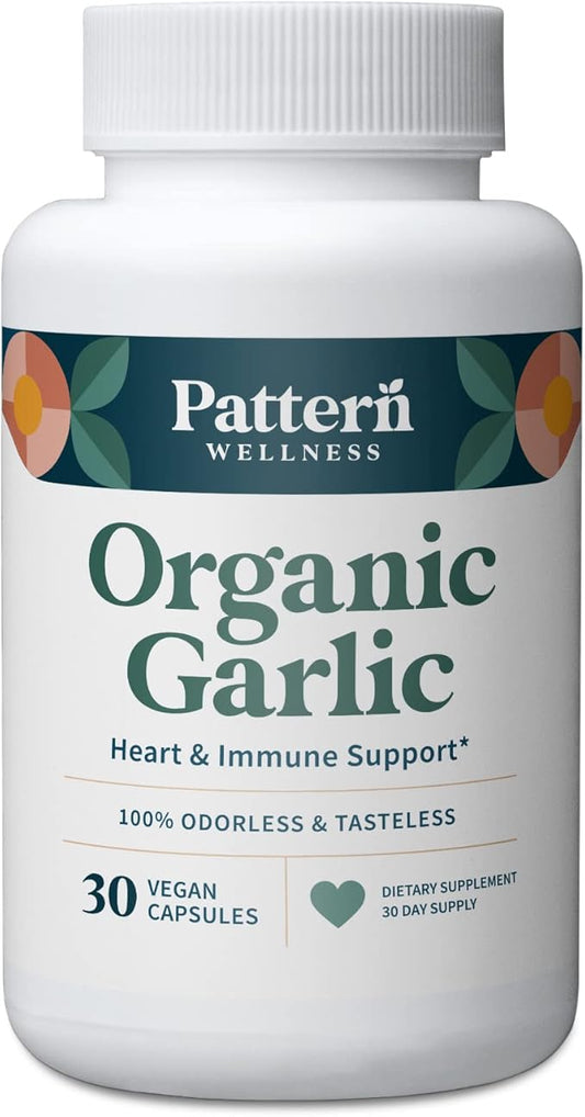 Pattern Wellness Odorless Organic Garlic - 1000mg - Healthy Immune, Circulatory & Cardiovascular Support - Happy & Healthy Heart - Non-GMO & Gluten Free - 30 Vegan Capsules