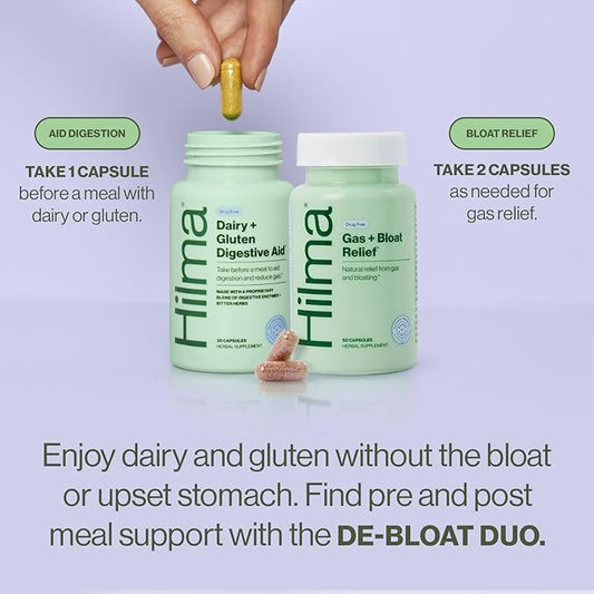 Hilma De-Bloat Bundle for Pre or Post Meal - Gas & Bloating Relief for Women (50 Vegan Capsules) with Lemon Balm & Peppermint Leaf - Digestive Enzymes for Women (30 Vegan Capsules) with Dandelion Root