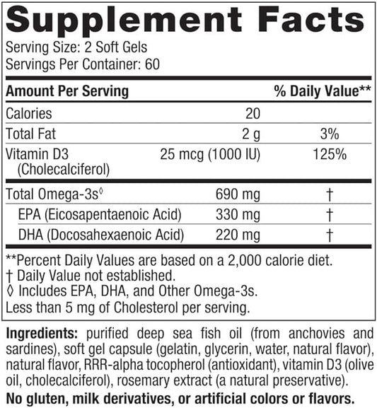 Nordic Naturals Omega-3D, Lemon Flavor 120 Soft 690 mg Omega-3 + 1000 IU D3 - 60 Servings