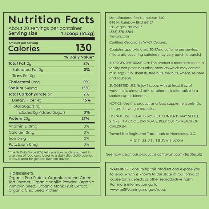 Truvani Vegan Pea Protein Powder 20g Organic 20 Servings