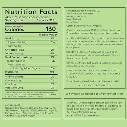 Truvani Vegan Pea Protein Powder 20g Organic 20 Servings
