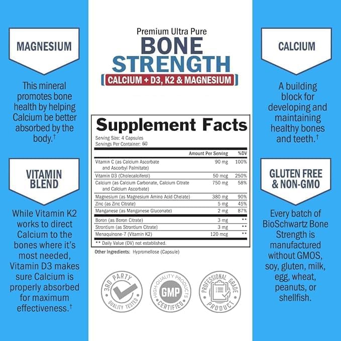 Bone Strength Supplement with Calcium Magnesium D3 K2 K2 Zinc (60 Day 8 Bone 240 Veggie