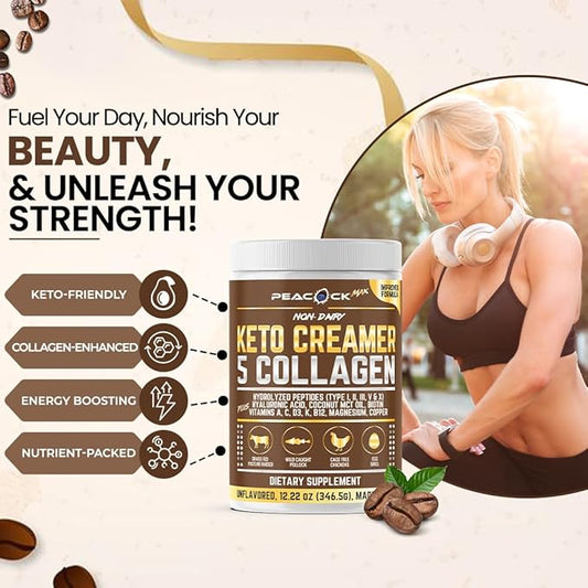 Peacock Max Collagen Keto Creamer Powder, Coconut MCT, Peptides, Unflavored, Hydrolyzed, B12, Magnesium (48.88 oz (Pack of 4))