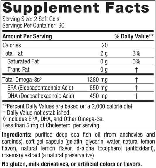 Ultimate Omega, Lemon Flavor 180 Soft 1280 mg Omega-3 - Omega-3 Fish 90 Servings