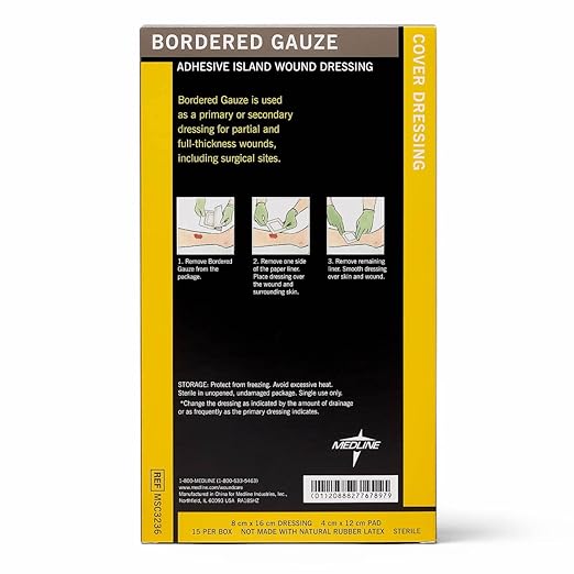 Medline Sterile Bordered Gauze, 3" x 6" with 1.5" x 4" Pad 15)