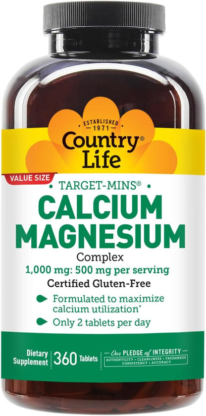 Country Life Target-Mins Calcium Magnesium Supplement for Bone Health, 1000mg Calcium, 500mg Magnesium, Gluten Free, 2:1 Ratio for Optimal Utilization