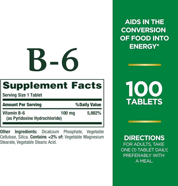 Nature's Bounty Vitamin B6, Supports Energy 100mg, Tablets, 100 Ct