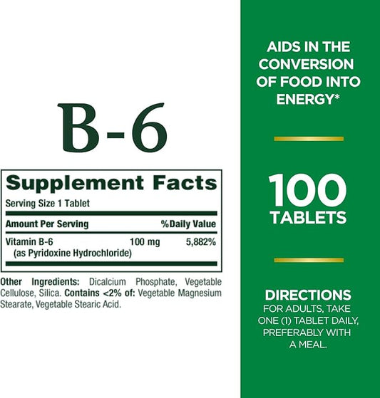 Nature's Bounty Vitamin B6, Supports Energy 100mg, Tablets, 100 Ct