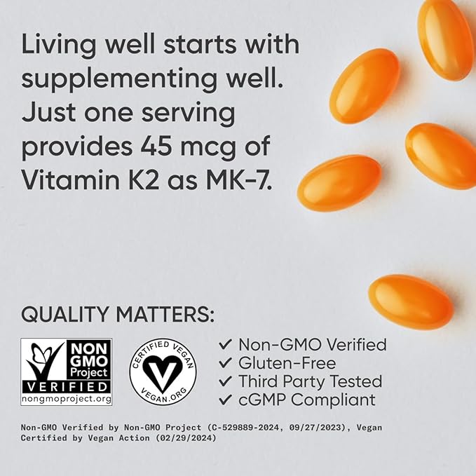 Sports Research® Vitamin K2 as MK7 (45mcg) - Vegan K2 from Chickpea with Coconut MCT Oil - Supports Bone & Heath Health - Vegan Certified, Gluten & Soy Free - 60 Veggie Softgels