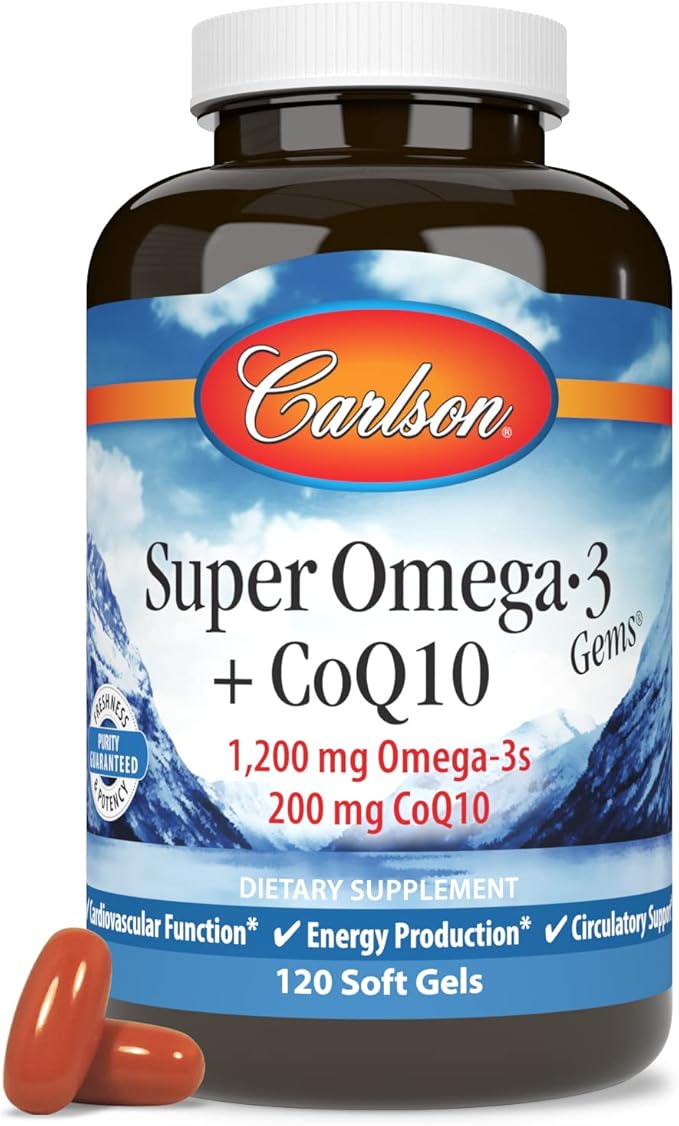 Carlson - Super Omega-3 Gems + CoQ10, 1200 1200 mg Omega-3s 200 200 mg CoQ10, Circulation 120 Softgels