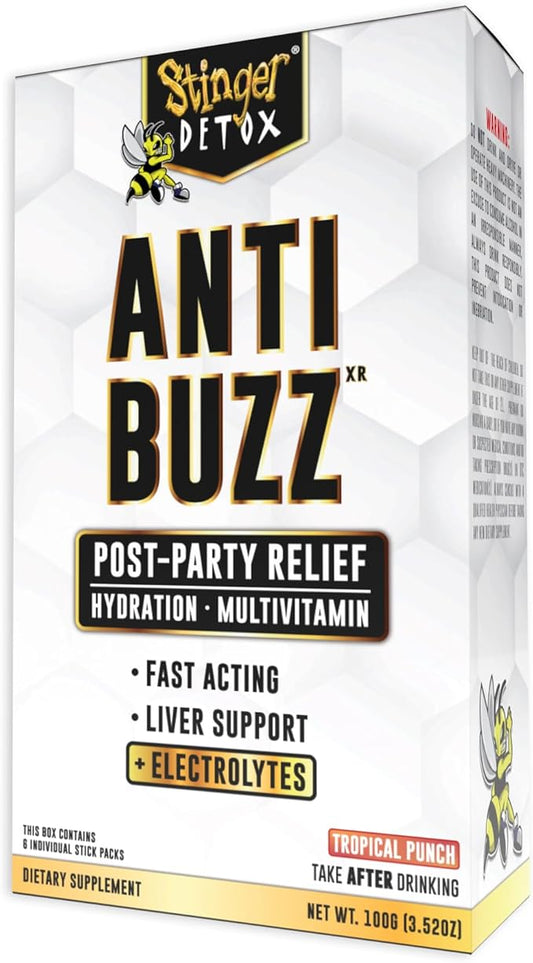 Stinger Detox Anti-Buzz Post-Celebration, Hydration & Multivitamin Packet Drink Mix | DHM, VIT. B Complex, Riboflavin, Niacin + Electrolytes | Tropical Punch 1 Pack (6 Servings)
