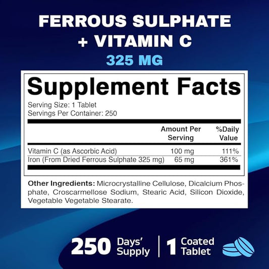 Vitamatic Ferrous Sulphate 325 mg + Vitamin C 100 mg - (65 mg Elemental Iron) High Potency Iron Supplement | No Artificial Color Additives - 250 Coated Tablets - Made in USA