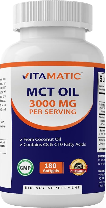 Vitamatic 2 Packs MCT Oil Capsules 3000 mg per Serving - 180 Softgels - from Coconut Oil - Contains 55% caprylic Acid C8 and 40% capric Acid C10 (Total 360 Softgel)