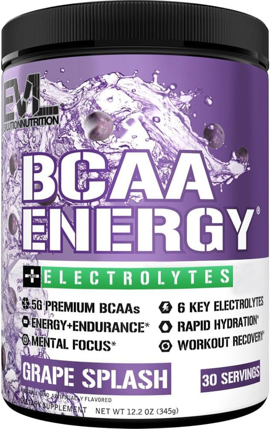 EVL BCAAs Amino Acids Powder - BCAA Energy Pre Workout Powder for Muscle Recovery Lean Growth and Endurance - Rehydrating BCAA Powder Post Workout Recovery Drink with 6 Key Electrolytes - Grape Splash
