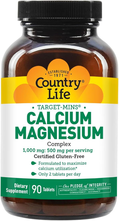 Country Life Target-Mins Calcium Magnesium Complex 1000mg/500mg, 90 Tablets, Certified Gluten Free, Certified Vegan, Certified Non-GMO Verified