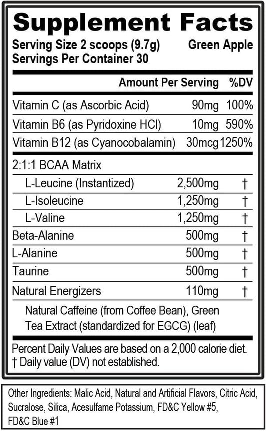 EVL BCAAs Amino Acids Powder - Rehydrating BCAA Powder Post Workout Recovery Drink with Natural Caffeine - BCAA Energy Pre Workout Powder for Muscle Recovery Lean Growth and Endurance - Green Apple
