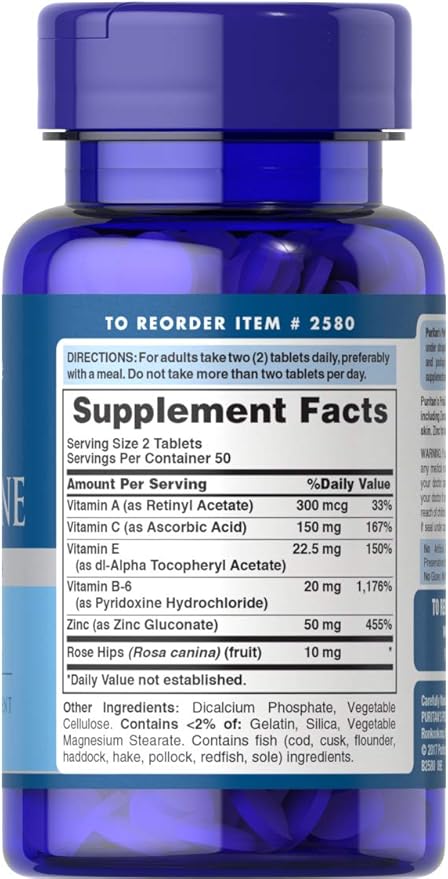 Puritan's Pride Zinc for Acne Skin Formula with Vitamins C, B-6, A, and E for Men and Women, Dietary Supplement for Clear Healthy Skin, Immune System, Cell Division and Growth Support, 100 Tablets