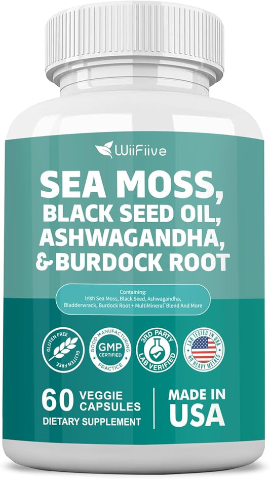 Sea Moss 3000mg Black Seed Oil 2000mg Ashwagandha 1000mg Burdock 1000mg Turmeric 1000mg Irish D3 Yellow 60 Count