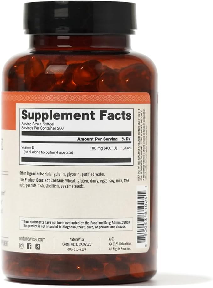 NatureWise Vitamin E 400 IU Softgels (180mg DL-Alpha) 200-Day Supply, 200 Count