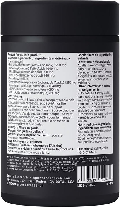 Sports Research Triple Strength Omega 3 1250mg from Omega3s EPA 30 Softgels
