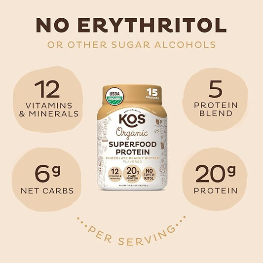 KOS Organic Plant Based Protein Powder, 15 Servings