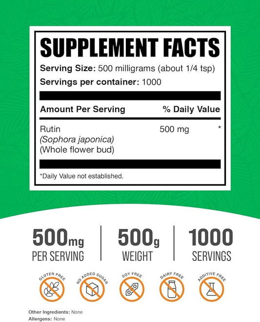 BulkSupplements.com Rutin Powder - from Sophora Japonica, Rutin Supplement, Rutin 500mg - Antioxidants Source, Soy Free, 500mg per Serving, 500g (1.1 lbs) (Pack of 1)