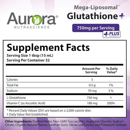 Aurora Nutrascience, Mega-Liposomal Glutathione+ Vitamin C, 750 mg Serving,16 fl (480 mL)