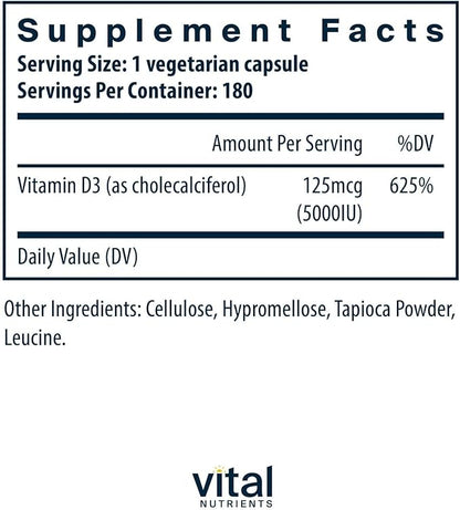 Vital Nutrients Vitamin D 5000 IU D3 Supplement 180 Capsules