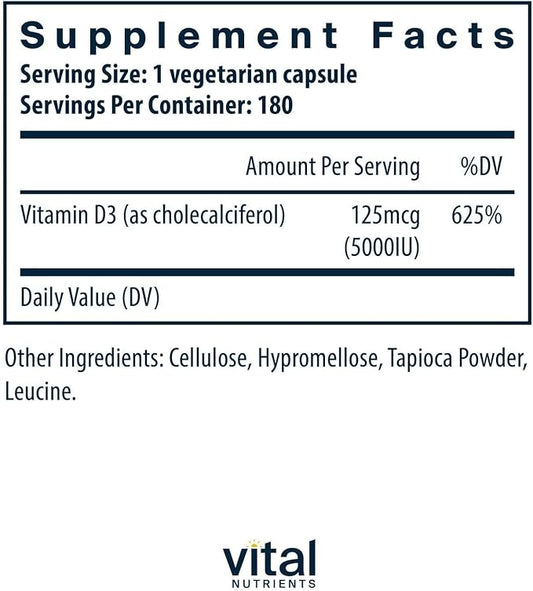 Vital Nutrients Vitamin D 5000 IU D3 Supplement 180 Capsules