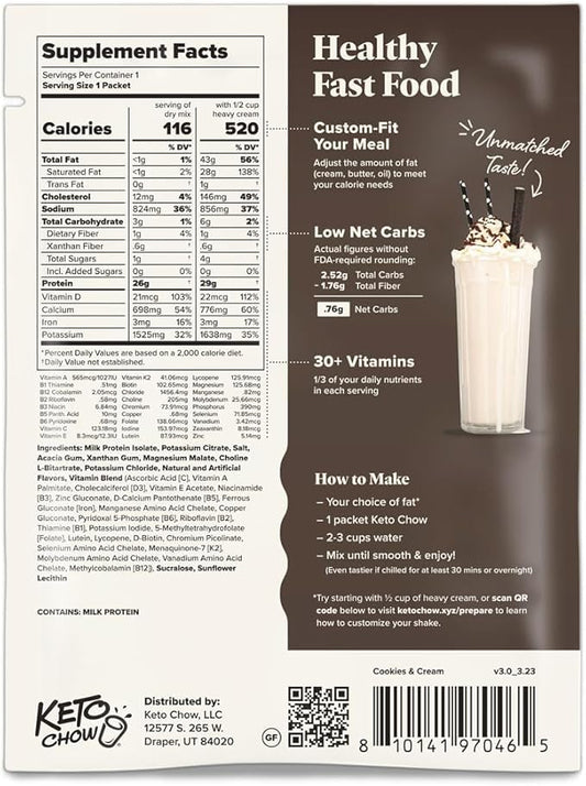 Keto Chow | Gourmet Keto Meal Replacement | Nutritionally Complete | You Choose the Fat | Easy Fast Low Carb Meal | Cookies and Cream