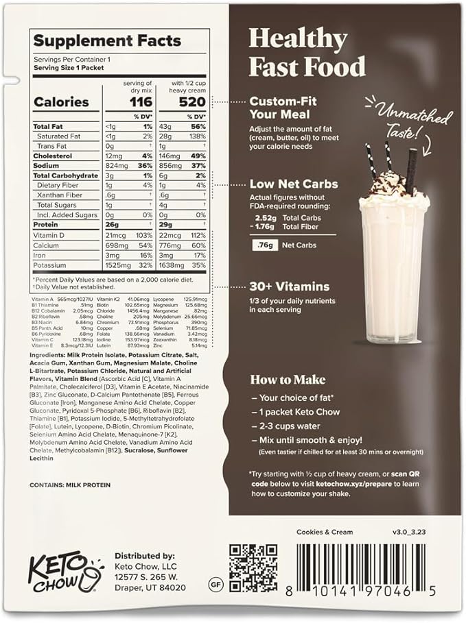 Keto Chow Cookies & Cream | Keto Meal Replacement Shake Powder | Nutritionally Complete | Low Carb | Delicious Easy Meal Substitute | Protein Rich You Choose The Fat | 21 Meal Serving