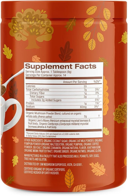 OM MUSHROOM SUPERFOOD, Organic Mushroom Pumpkin Spice Latte Blend, 4.44 Ounce