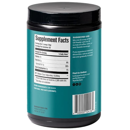 Perfect Keto 7g MCT Oil Powder, Medium Chain Triglycerides Supplement, Non Dairy Coffee Creamer for Keto Diet, Ketogenic MCT Oil Mix for Coffee, Smoothie, Protein Shakes, Tea, Unflavored, 30 Servings